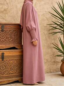 Women's Solid Pink Robe, Loose Flattering Puff Sleeve Abaya Robe With Pockets, Vacation Casual Style - Pink - View 3