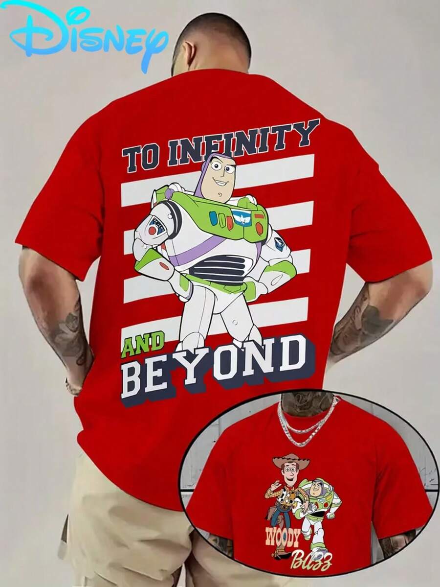 1 Piece, New Disney Men's T-Shirt, Toy Story Buzz Lightyear Woody Printed Before And After, Round Neck Casual And Comfortable T-Shirt, Suitable For Sports And Daily Wear, Ladies' Loose T-Shirt, A Good Choice For Gifts, A Must In Summer. - Đỏ - Xem 1