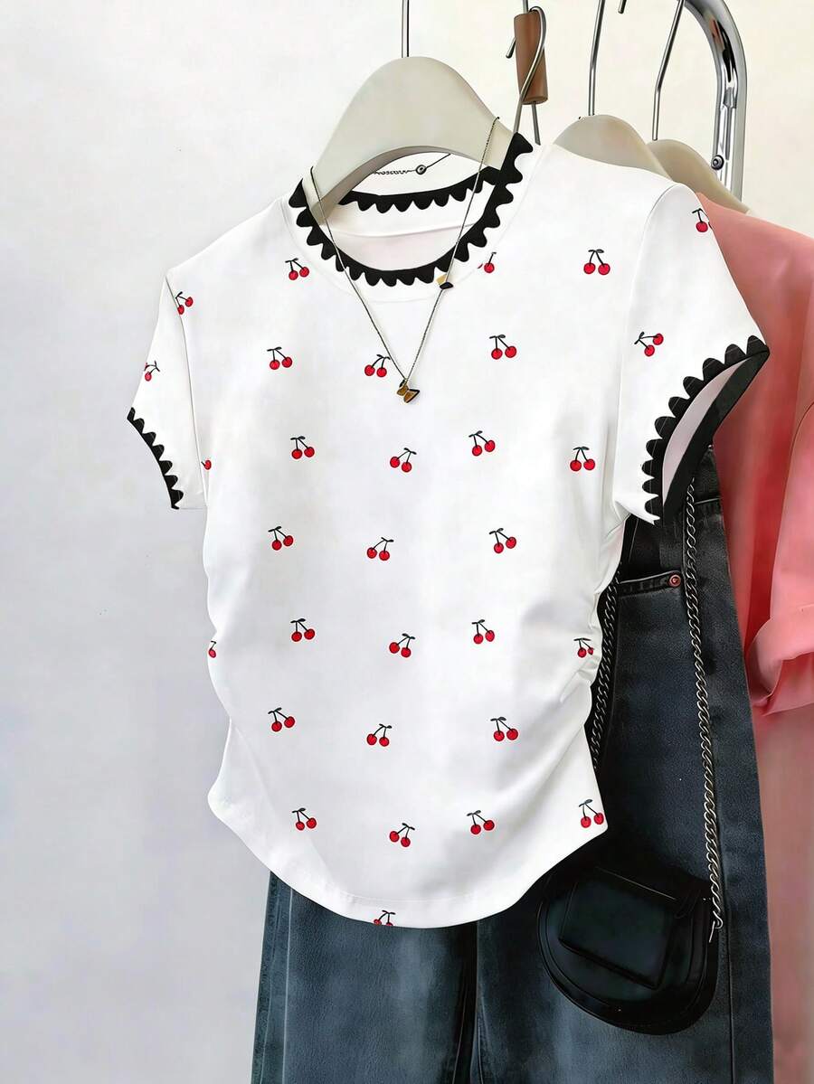 Women's Casual Cherry Print Short Sleeve Round Neck T-Shirt, Suitable For Sports, Home, Street, Spring/Summer, Graduation, Back To School, Beach, Holiday, Sweet, Youthful, Outdoor White