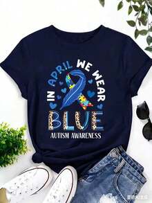 We Use Blue Printed T-Shirts To Promote Autism Awareness, Casual Short-Sleeved Crew Neck T-Shirts, Women's Clothing. - 藏蓝色 - 查看 4