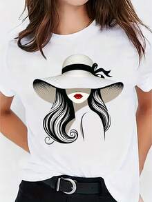 Camiseta suave 100% algodón, camiseta con estampado gráfico, manga corta, cuello redondo, top casual para verano y primavera, ropa de mujer, camiseta de algodón transpirable, combina con todo, genial. - Blanco - Ver 1