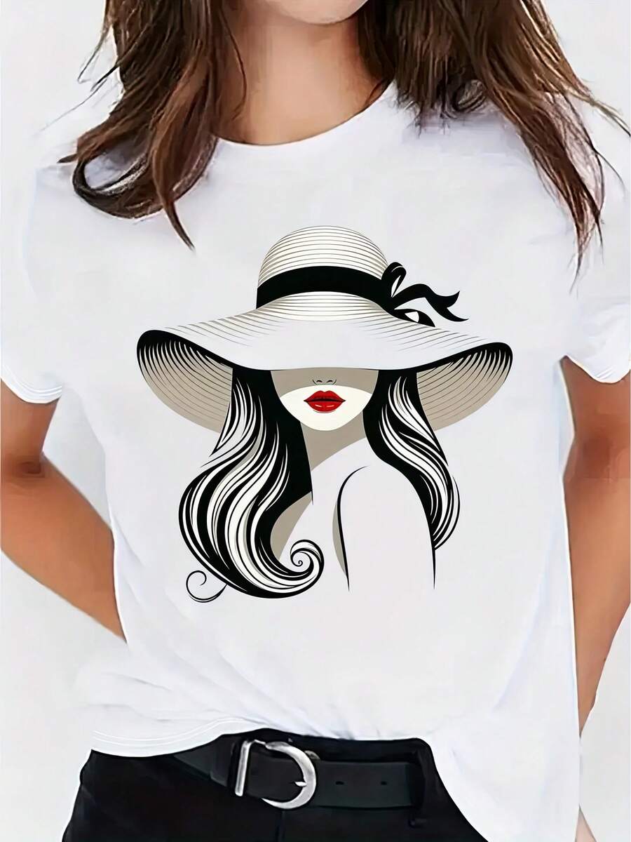 Camiseta suave 100% algodón, camiseta con estampado gráfico, manga corta, cuello redondo, top casual para verano y primavera, ropa de mujer, camiseta de algodón transpirable, combina con todo, genial. - Blanco - Ver 1