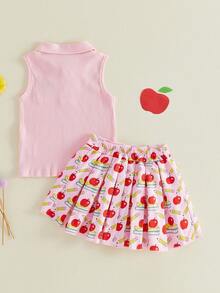 Toddler Girls Back To School Outfit Summer Cute Sleeveless Apple Embroidery Lapel Tops With Print Skirt 2Pcs Set - 粉色 - 查看 2