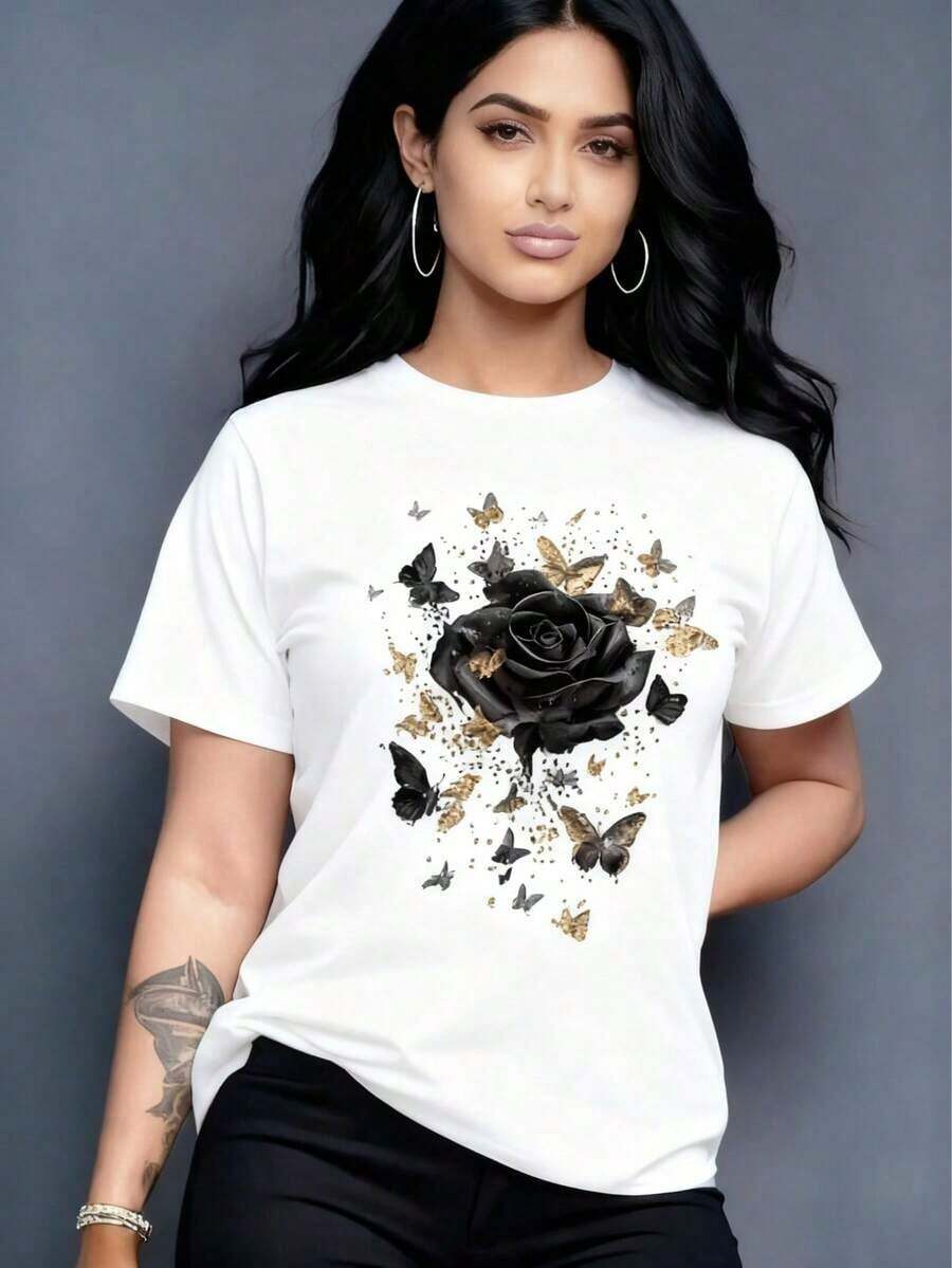 1 pcsNueva camiseta de mujer para otoño-invierno, de manga corta con cuello redondo, ideal como prenda básica. Con diseño holgado y estampado moderno, hecha de algodón puro de alta calidad, ofrece comodidad y una sensación agradable en tu día a día. 180g 100% Algodón - Blanco - Ver 1