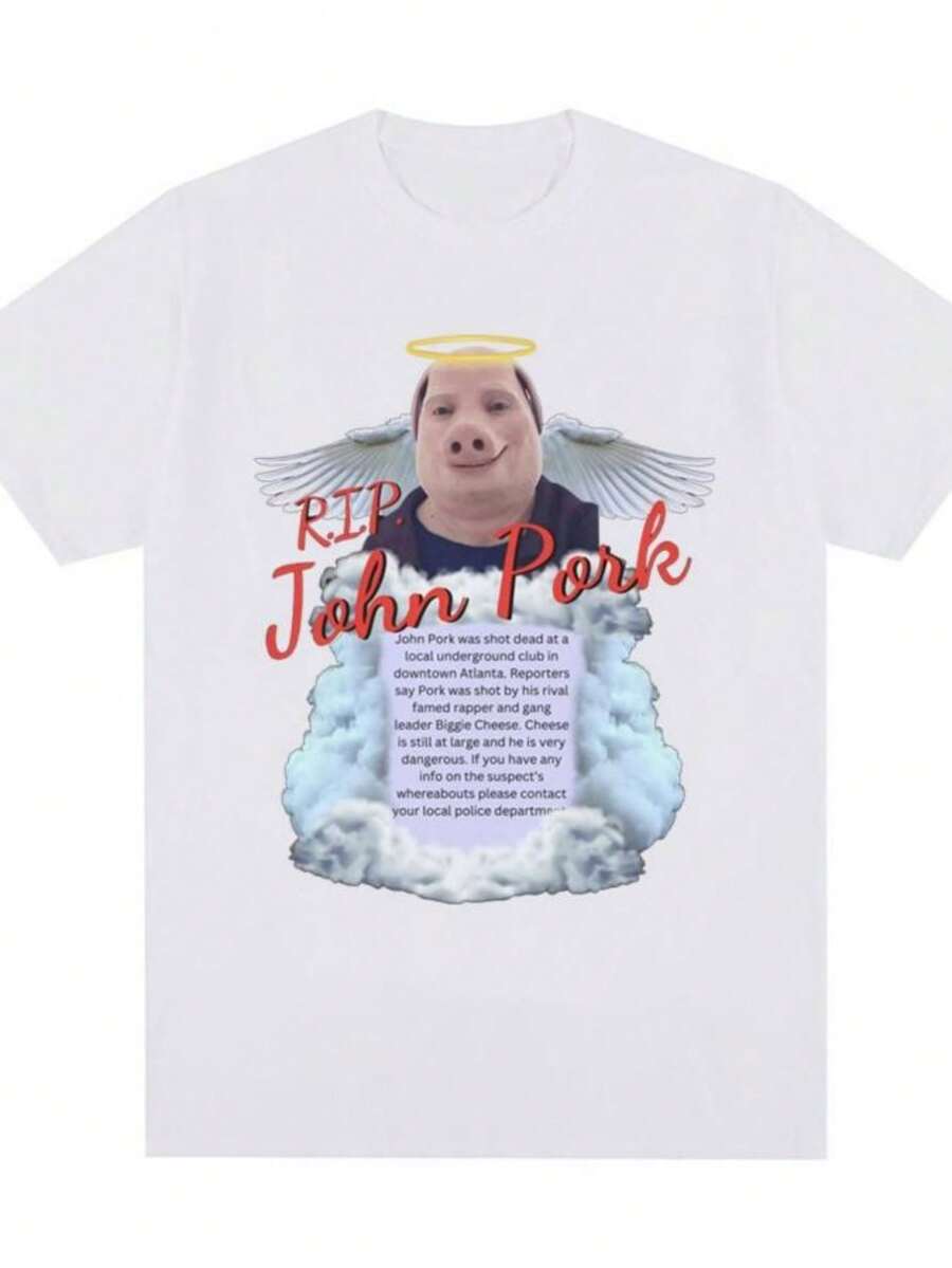 playeras de mujerR.I.P John Pork Funny Humor Pig Meme T Shirt Men Women Fashion Vintage T-shirts Cotton Comfort Oversized Short Sleeve T Shirts - Blanco - Ver 1