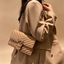 Elegant Women's Gold Chain Strap Handbag, Pink Accent Classic Design - Fashionable Two-Tone Crossbody Bag For Daily Use - Khaki - View 1