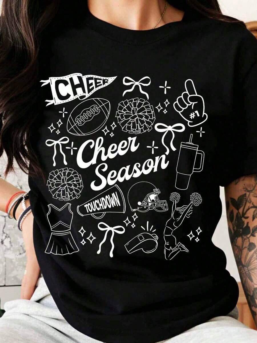 1 Women's And Girls' American Football Cheerleader T-Shirt With Pom-Pom, Megaphone, And "Touchdown" Design, Perfect For Cheerleading Events And Sports Games. 180g 100% Cotton. - 黑色 - 查看 1