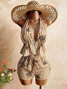 Conjunto de verano sexy, lindo y elegante romántico con top de tirantes con cuello en V profundo de lino a rayas blancas y caqui, emparejado con shorts casuales de playa de cintura con cordón, color rosa - Multicolor - Ver 5