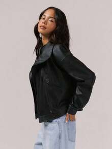 Chaqueta asimétrica de cuello alto con botones a presión, para salir de noche, invierno, vuelta al colegio, uso diario, fiesta, elegante, tarde, primavera, Día de San Valentín - Negro - Ver 3