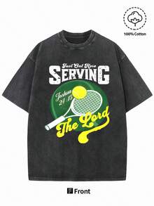 Camiseta Gráfica Retro de Tenis para Hombre, 100% Algodón Lavado, Transpirable y Lavable a Máquina - Estampado Vintage "First Out Here Serving" con Diseño de Raqueta y Pelota de Tenis, Cuello Acanalado, Corte Holgado, Camiseta Deportiva Casual para Comodidad en Todas las Temporadas, Estilo Deportivo, Estética Deportiva, Material Cómodo, Camiseta de Manga Corta, para Amantes del Streetwear - Negro - Ver 6