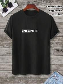 Kurzarm-T-Shirt für Herren – Normale Passform, Rundhalsausschnitt, auffälliger "WHYNOT"-Schriftzug im Digitaldruckverfahren, kontrastierendes Schwarz-Weiß, perfekt für bequeme und stylische Streetwear. Locker und angenehm zu tragen, ideal für den Sommer. - Schwarz - Übersicht 1