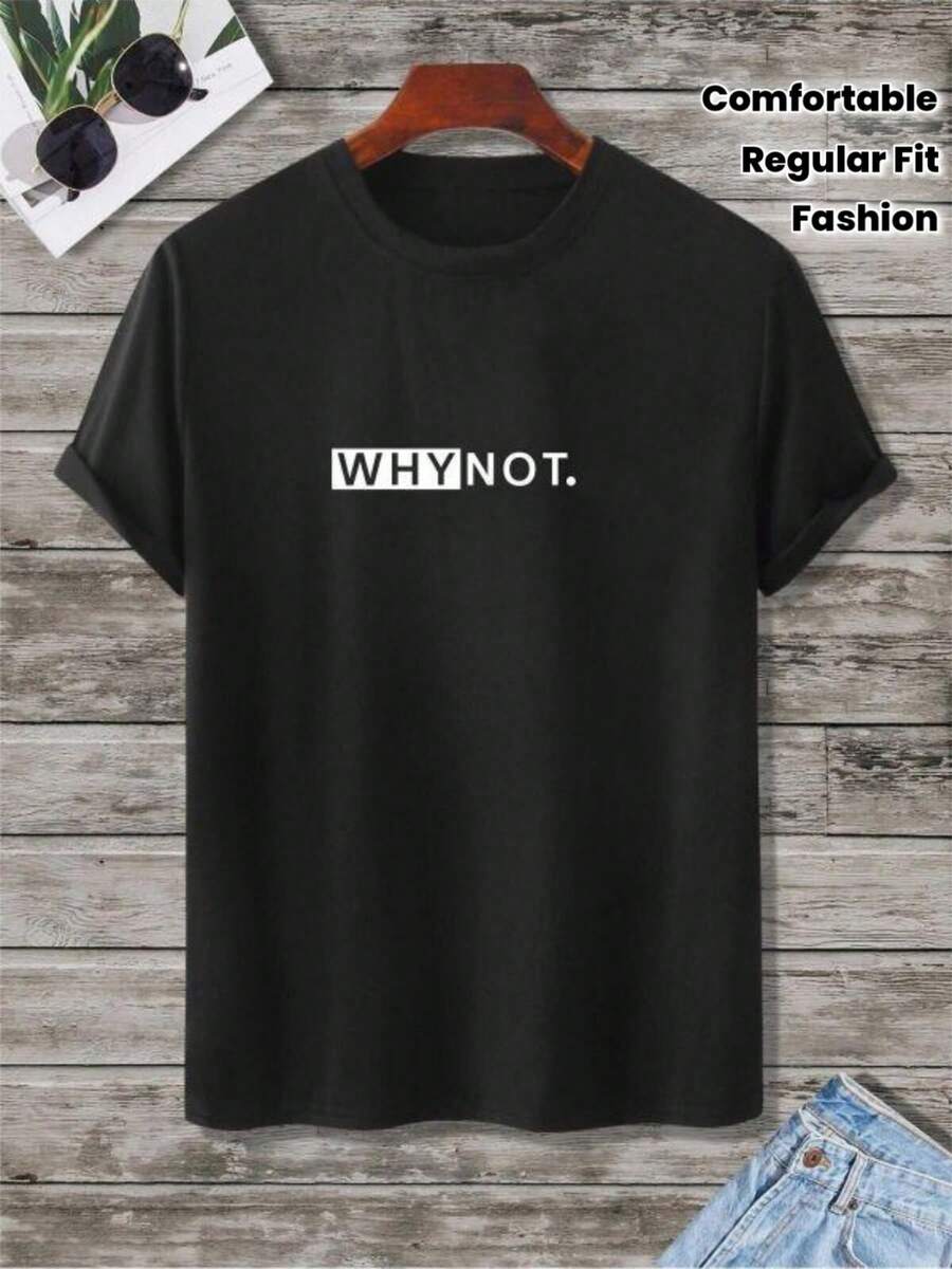 Kurzarm-T-Shirt für Herren – Normale Passform, Rundhalsausschnitt, auffälliger "WHYNOT"-Schriftzug im Digitaldruckverfahren, kontrastierendes Schwarz-Weiß, perfekt für bequeme und stylische Streetwear. Locker und angenehm zu tragen, ideal für den Sommer. - Schwarz - Übersicht 1