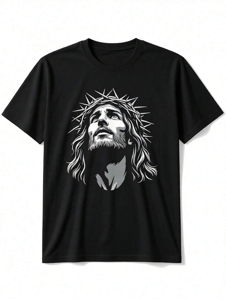 Inspirational T-Shirt Featuring An Image Of Christ Wearing A Crown Of Thorns, Perfect For Both Men And Women, Made From 100% Cotton, Available In Sizes S To XXXL. Loose And Comfortable For Summer. - Back - View 1