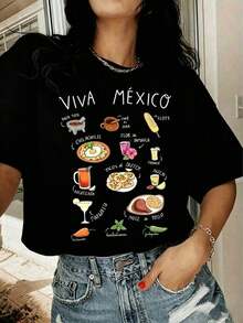 Camiseta de manga corta con cuello redondo y estampado VIVA MEXICO, top casual de manga corta con diseño de comida gourmet, adecuada para la temporada de primavera y verano, ropa de mujer. - Negro - Ver 1