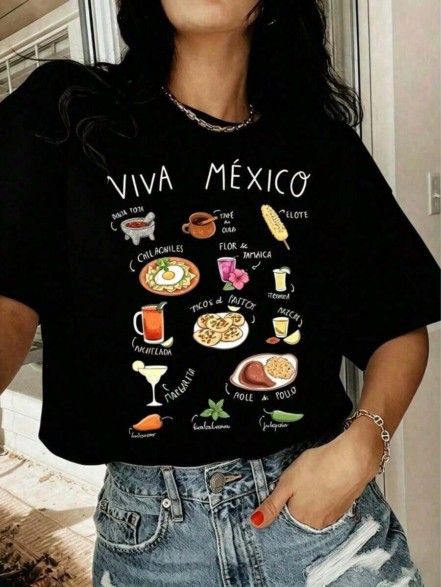 Camiseta de manga corta con cuello redondo y estampado VIVA MEXICO, top casual de manga corta con diseño de comida gourmet, adecuada para la temporada de primavera y verano, ropa de mujer. - Negro - Ver 1
