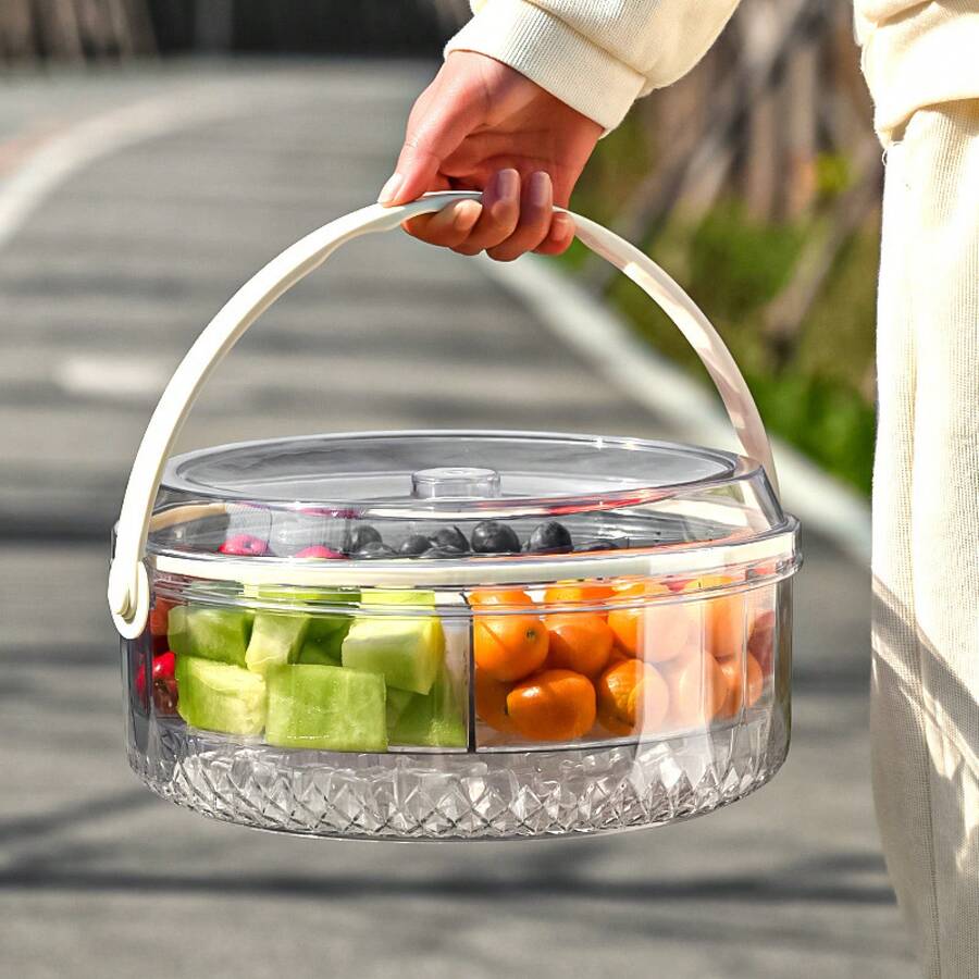 Portable Five-Section Fruit And Nut Storage Tray With Handle, Sealed And Moisture-Proof, Suitable For Home And Outdoor Picnics, Round Shape With Lid, Perfect For Snacks - 透明五分格 - 查看 1