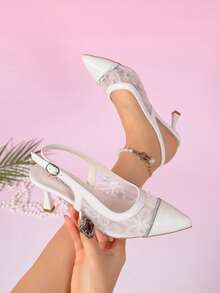 Women's Lace Rhinestone Headband, Pointed Toe Buckle Strap High Heel Sandals, Spring/Summer Office Date Fairy Style Flat Shoes - White - View 2