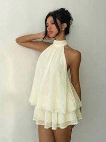 Vestido mini elegante de mujer con cuello halter y lazo en color amarillo claro - Blanco - Ver 5