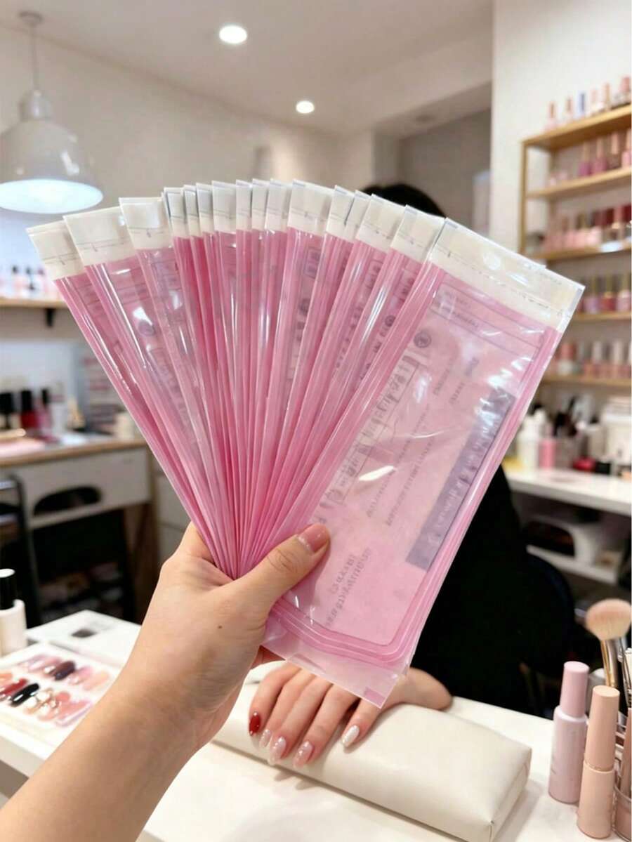 50个便携式美甲清洁袋，一次性包装袋，清洁护理袋，尺寸可调节，自封式清洁袋，适用于美甲、纹身工具，粉色薄膜美甲消毒袋，消毒灭菌袋 - 彩色 - 查看 1