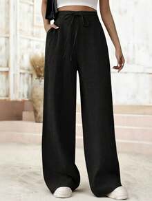 Women's Linen Palazzo Pants, Adjustable Waist With Drawstring, Side Pockets, Casual And Breathable For Vacations - 黑色 - 查看 3