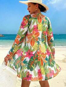Swim Lushore Conjunto de bikini sexy con estampado floral tropical, cordón frontal y bata para verano - Multicolor - Ver 2