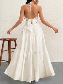 Vestido de gasa para mujer sin espalda con cuello halter y cola larga para vacaciones, bodas o festivales - Beis - Ver 2