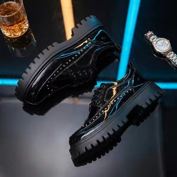 Black & White Men's Thick Sole Loafers, Fashion Youth Platform Oxfords, Slip-On, British Style Casual Business Walking Shoes, Plus Size Men's Shoes