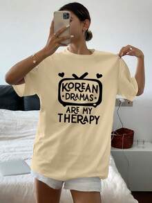 ¿Es el drama coreano "My Relax"? Camiseta de Manga Corta con Estampado de Patrón de Slogan, Top Casual de Cuello Redondo para Verano y Primavera, Ropa de Mujer - Albaricoque - Ver 8