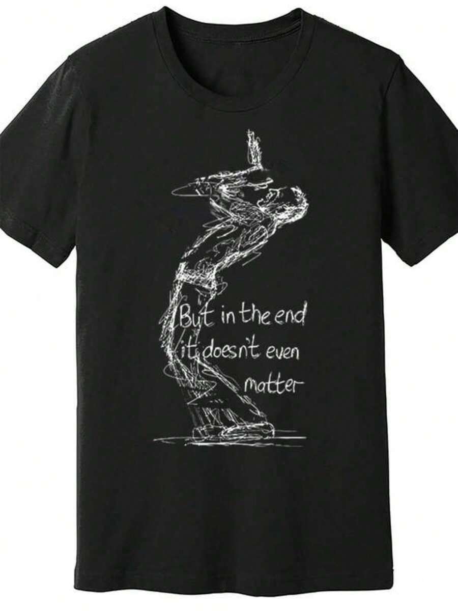 Men's Breathable Cotton T-Shirt With A Graphic Design For Everyday Summer Wear. The Black T-Shirt Features A Dancing Figure And Text, But The Design Is Still Practical For Casual Wear. It Has A Soft Feel, A Comfortable Fit, And A Smooth, Non-Irritating Texture. Loose And Comfortable For Summer. - Black - View 1