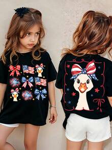 Patriotic Goose & Bow Print Girls' Short Sleeve Tee For 4th Of July. 180g Comfy Fabric, Round Neck Style. Great For School, Casual Wear, Parties - 黑色7 - 查看 1