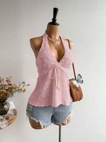 Conjunto de Playa Casual sin Espalda para Mujer, Estilo Bohemio, para Vacaciones, Festival de Música Hawaiana, Vacaciones Tropicales, Top Halter de Verano - Rosa Pálido - Ver 4