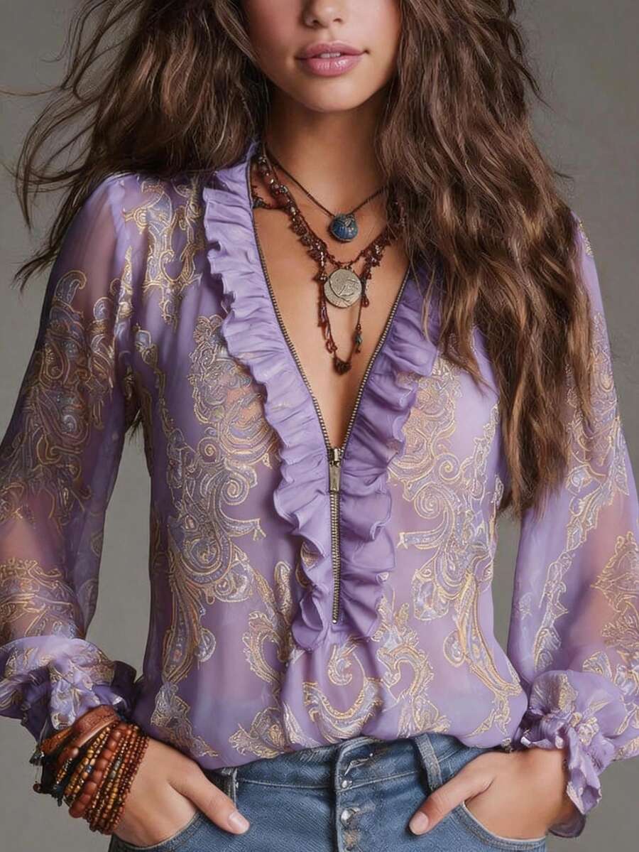 Vintage Design Elegant Vacation Style Baroque Paisley Floral Ruffle Zip Chiffon Blouse, All-Over Floral Print Chiffon Zip Sheer Blouse For Daily & Holiday Wear, Spring/Summer - Light Purple - View 1