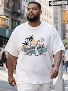Playera Oversize Hombre Talla Grande "Furgoneta Surf Enjoy the Holiday" - Blanca con Estampado Veraniego Casual LTHD - Blanco - Ver 2
