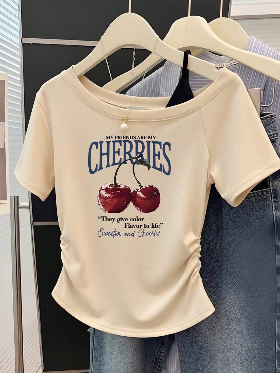 Cherry Print Slant Shoulder Slim Fit Short Sleeve T-Shirt For Women, Casual Everyday Wear, Summer - Apricot - View 1