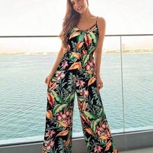 VCAY Tropical Print High Waist Camisole Jumpsuit, Suitable For Vacation & Beach,Summer Outfits For Women,Beachwear,Easter,Beach Outfits For Woman,Spring Break,Vacation Outfits Women,Concert Outfit Women,Rave Outfits Festival,Rave,BOHO,Music Festival,Tropical Vacation Woman Clothes - Negro - Ver 7
