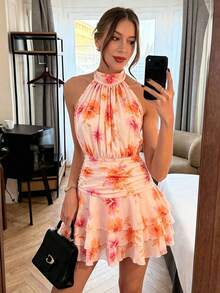 elegante y romántico de mujer con cuello halter, cintura ajustada, falda plisada con volantes en color albaricoque y blanco, vestido corto, nuevo vestido de primavera/verano, vestido para cita de San Valentín, vestido casual de vaca - Rosado Sandía - Ver 7