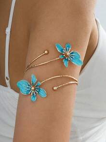 1pc European & American Stylish Flower Pendant Open-Ended Bangle Bracelet, Perfect For Women Resort Outfits - Blue - View 6