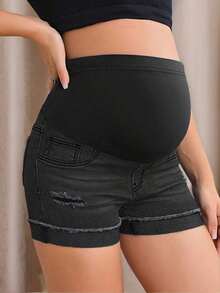 Maternidad Shorts en mezclilla de cintura ajustable desgarro bajo de doblez - Negro - Ver 5