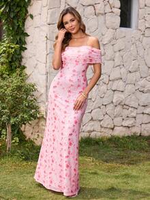 PARTHEA Vestido largo elegante de mujer con malla floral, hombros descubiertos, pliegue, fruncido, silueta sirena, vestido de noche largo para invitada de boda - Rosa - Ver 6