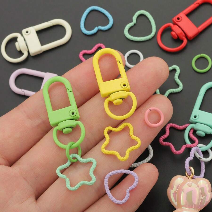 242pcs DIY Keychain Set, Includes 12pcs Rotatable Buckles, 50pcs Heart Embossed Rings, 30pcs Star Connector Rings And 150pcs Open Jump Rings, Suitable For Weaving Bag Accessories, Keychain Hanging Rope, Open Rings, U-Shaped Door Hooks, Multifunctional Outdoor Camping Hooks, Pet Leash Clips, Rope End Caps, Strap Clips, Keychain Connector Rings DIY Accessories
