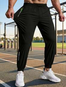 Pantalones deportivos con cordón para hombres, pantalones ligeros y elásticos con bolsillos con cremallera, adecuados para deportes, fitness, baloncesto, fútbol, pantalones deportivos casuales, estampado de moda - Negro - Ver 5