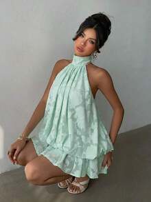 Elegant Women's Mini Dress With Halter Neck And Bow In Light Yellow - Blue and White - View 7
