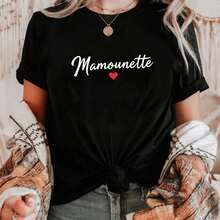 Camiseta unisex de manga corta, Camiseta de mujer "My Sweet Mom" con letras francesas - Blusa de manga corta con cuello redondo y letras francesas - Top compatible|Blusa casual de primavera-verano, adecuada para conjuntos de verano y primavera, lavable a máquina, ropa con frases francesas, playeras hombre, spiderman, ,  mujer, romwe men, boho chic, regalos para maestras, camiseta para mujer, conjuntos curvy para mujer, y2k. - Negro - Ver 1