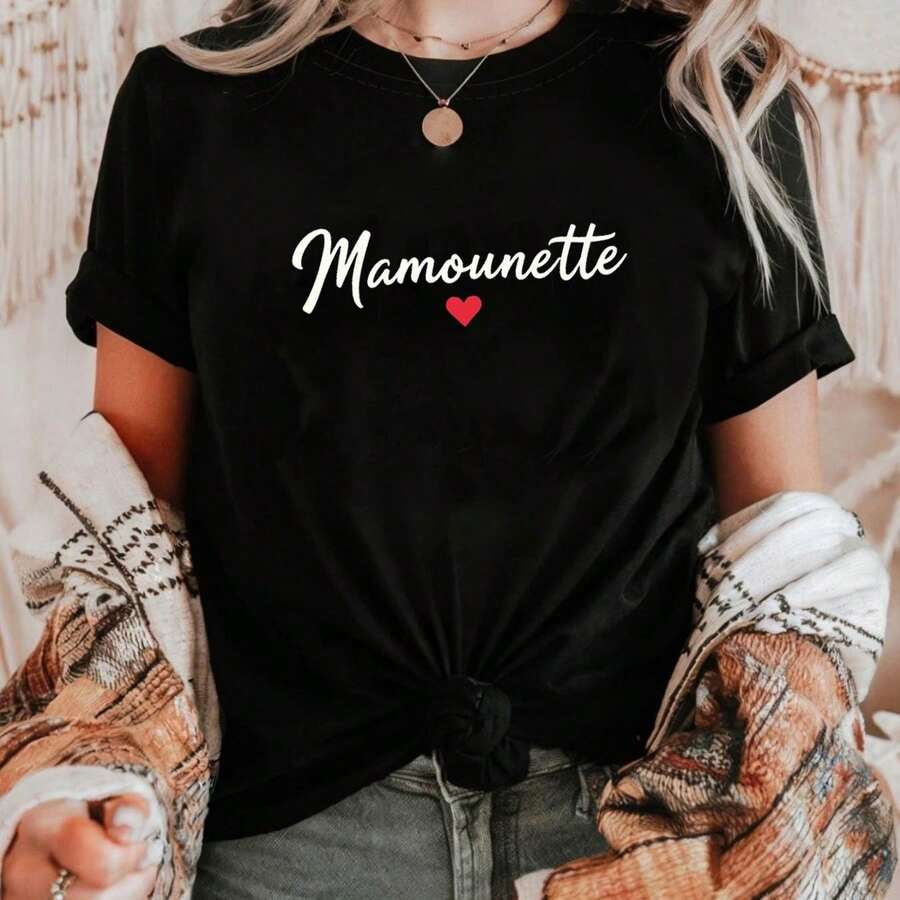 Camiseta unisex de manga corta, Camiseta de mujer "My Sweet Mom" con letras francesas - Blusa de manga corta con cuello redondo y letras francesas - Top compatible|Blusa casual de primavera-verano, adecuada para conjuntos de verano y primavera, lavable a máquina, ropa con frases francesas, playeras hombre, spiderman, ,  mujer, romwe men, boho chic, regalos para maestras, camiseta para mujer, conjuntos curvy para mujer, y2k. - Negro - Ver 1