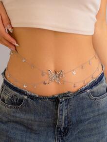 1 pièce chaîne de ventre superposée en cristal doré brillant à pendentif papillon en strass vintage, bijoux de corps pour femme sexy au quotidien, vacances à la plage, cadeau de bijoux - Or jaune - Voir 4