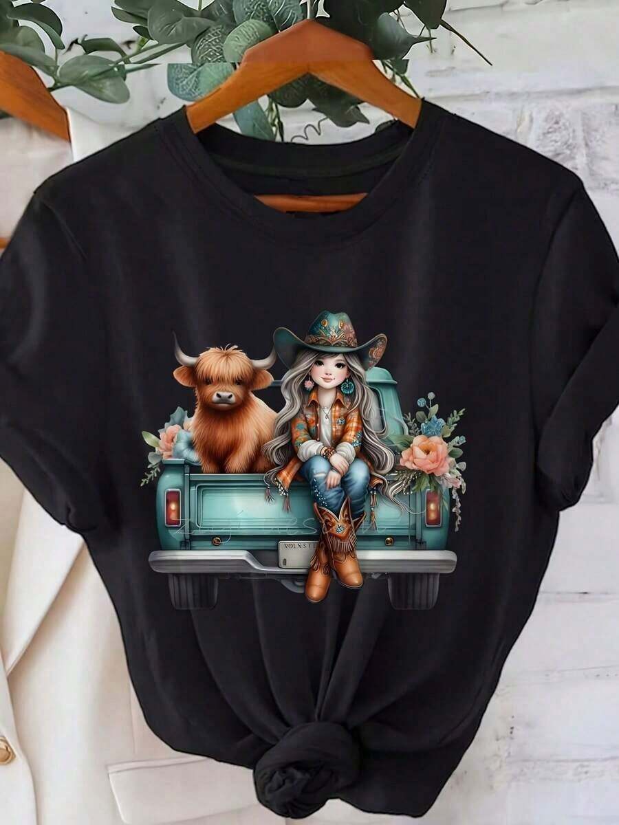 1 pieza de camiseta de manga corta para mujeres jóvenes, estampada con diseño de vaca de las Highlands y cuello redondo - Diseño clásico para ropa de mujer. Camisetas cómodas para disfraces de Halloween, ropa de mujer, disfraces de otoño para mujer, adecuadas para Pascua, Halloween, Día de Acción de Gracias, etc. 100% algodón - Negro - Ver 1