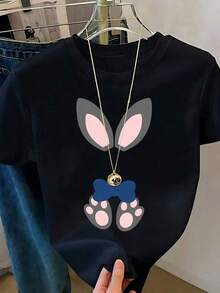 Women's White T-Shirt With Bunny Ears And Paws In Leopard Print,  Animal Print Camisole, Casual Summer Blouse With Cute Bunny Design, Stylish And Fun Top For Everyday Wear Or As A Gift. Women's T-Shirt. Blouses > Elegant. Boho Chic, Round Neck Printed T-Shirt With Cartoon Design. - * - 查看 10