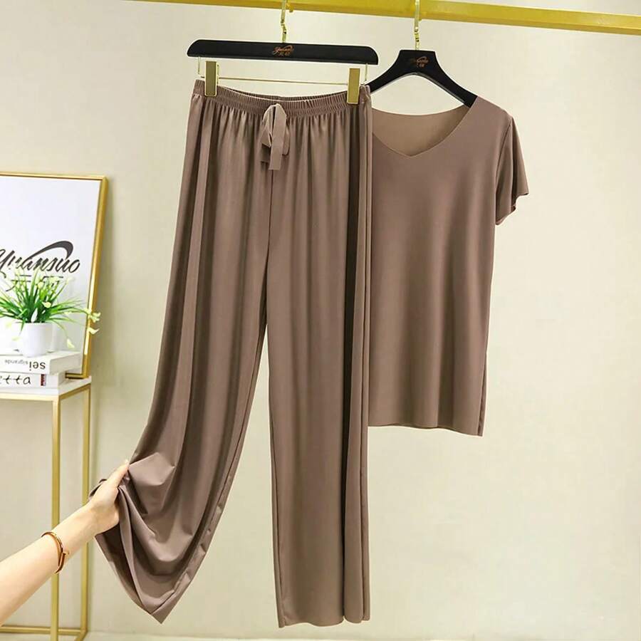 Conjunto de Dos Piezas para Mujer, Top y Pantalones, Conjuntos de Verano, Atuendos Femeninos para Vacaciones, Nueva Colección 2026, Pantalones Anchos, Elegantes e Informales - Juego de café oscuro - Ver 1