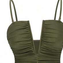Swim Oasis 2pcs/Set Sexy Solid Color V-Neck Ruched Spaghetti Strap Bandeau One-Piece Swimsuit & Front Twist Slit Beach Dress Set - Albaricoque - Ver 4