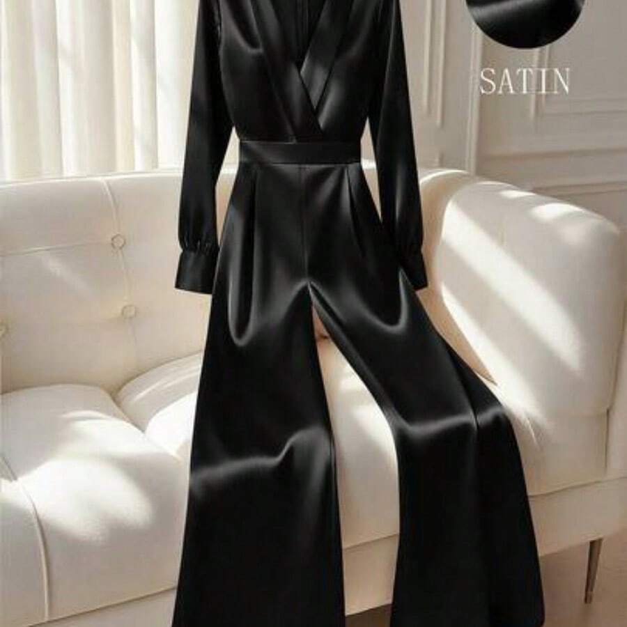 Women's V-Neck Long Sleeve Shiny Fabric Waist Cinched Flared Leg Jumpsuit - Negro - Ver 1